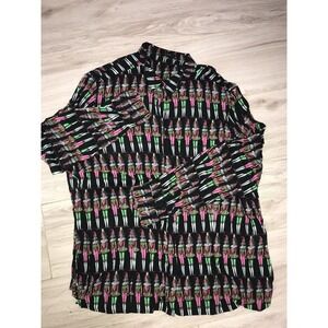 Riani Designer Puppet Print Button-Down Blouse - Black/Pink/Green Sz 18 Viscose